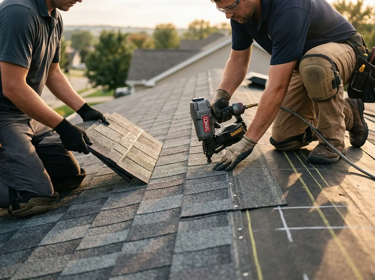 Professional roofer working on a residential roof in Lyons